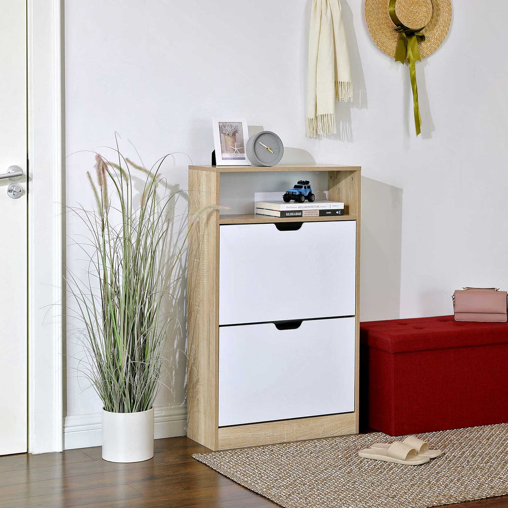 Schuhregal mit 2 Klappen weiß-naturfarben