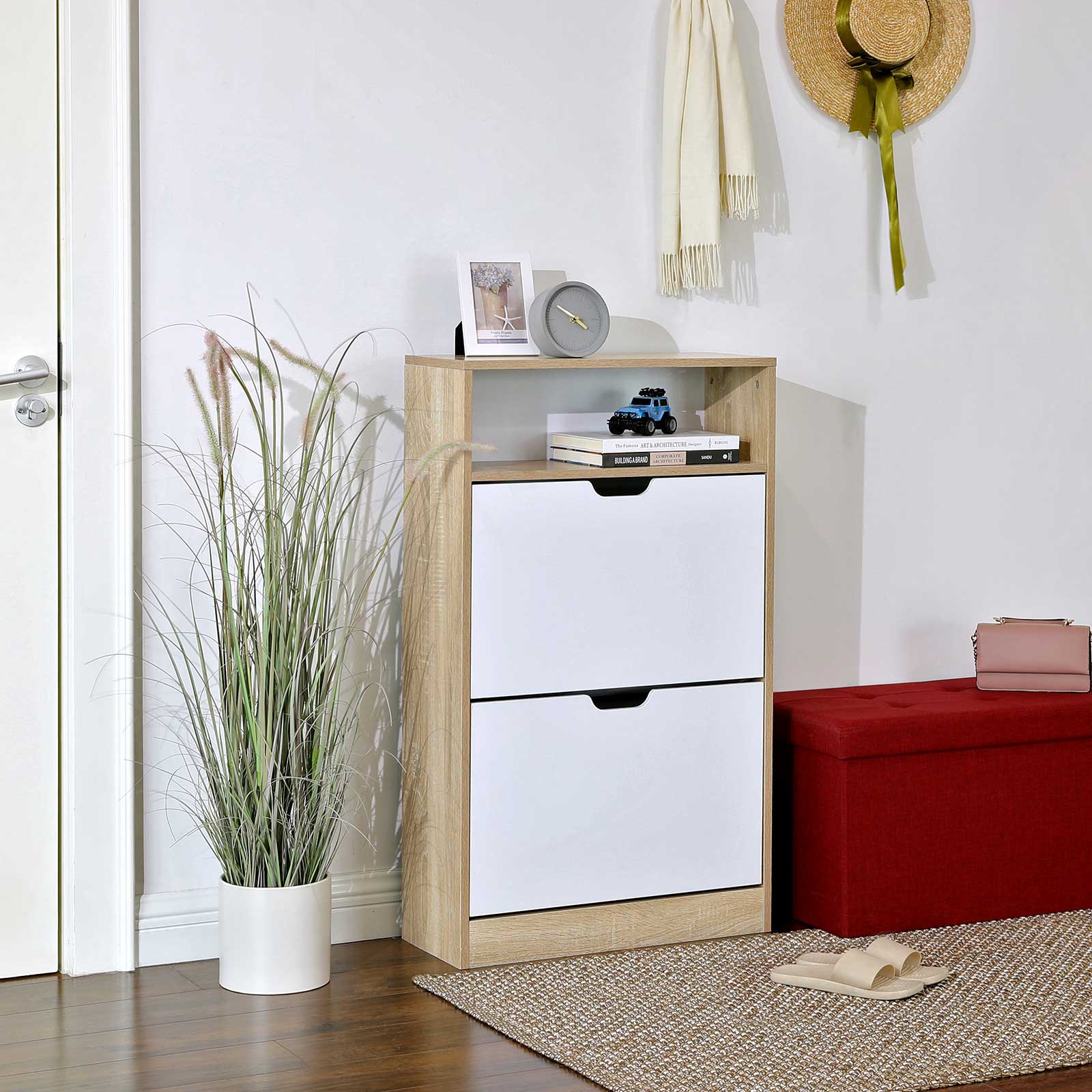 Schuhregal mit 2 Klappen weiß-naturfarben