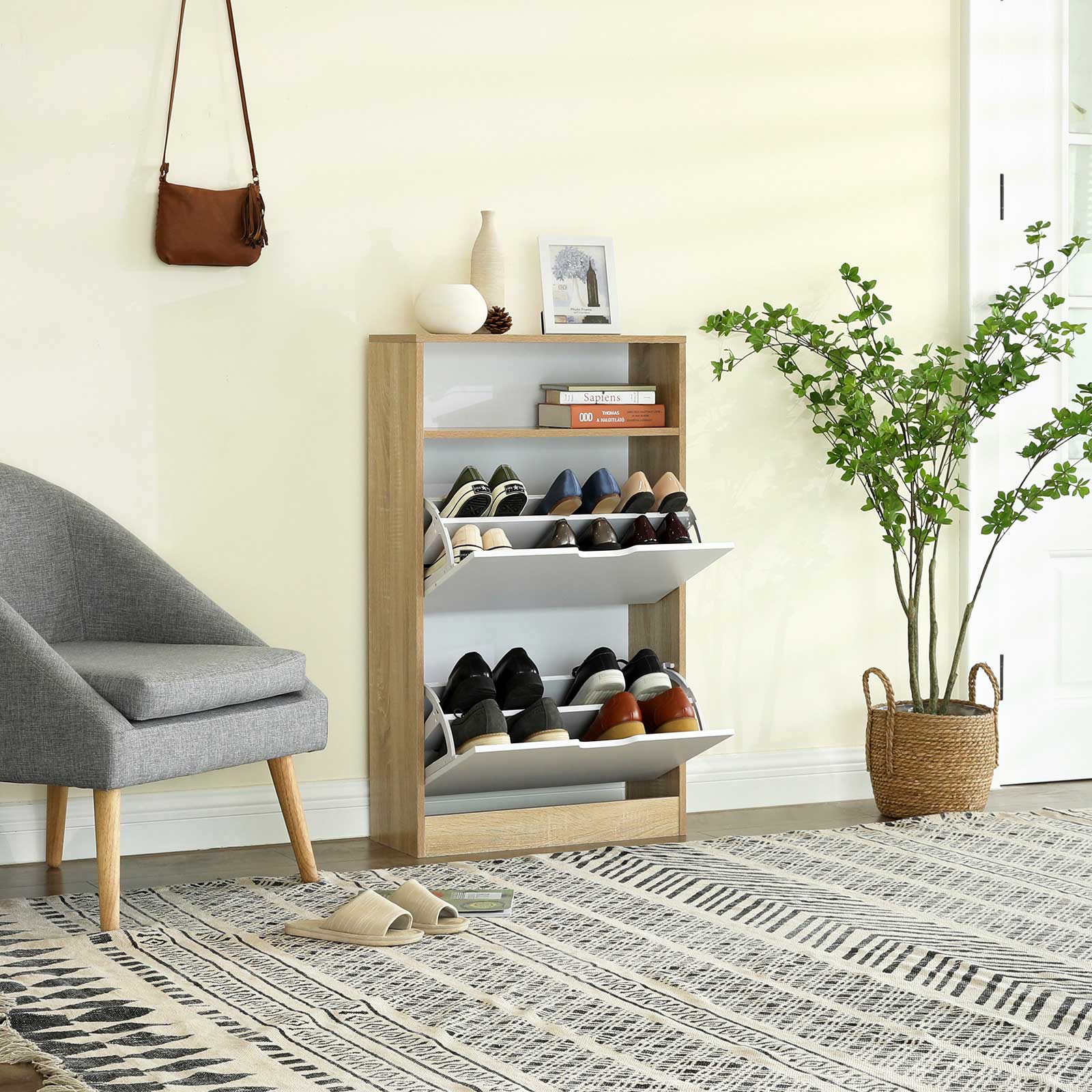 Schuhregal mit 2 Klappen weiß-naturfarben