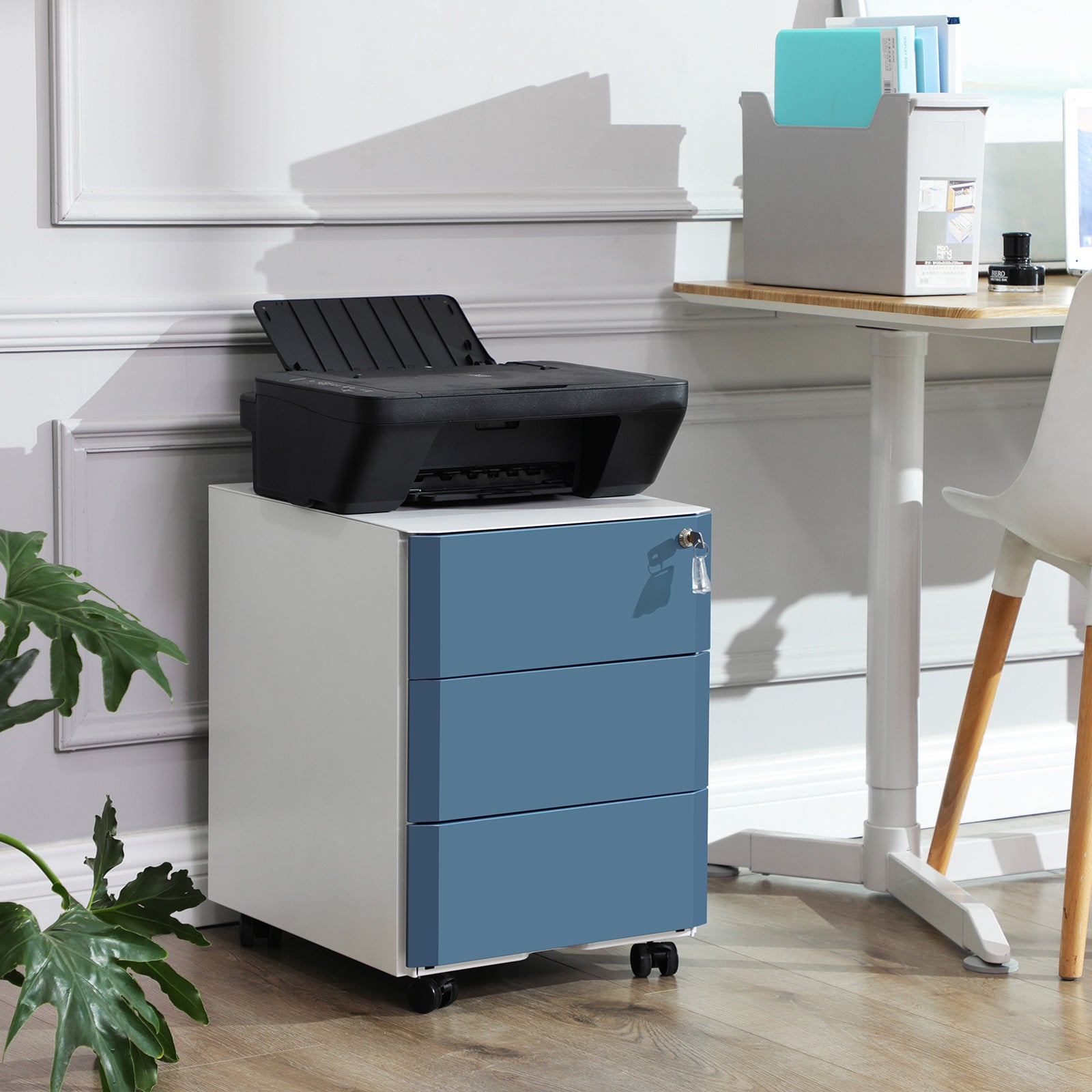 Abschließbarer Aktenschrank Weiß-Blau