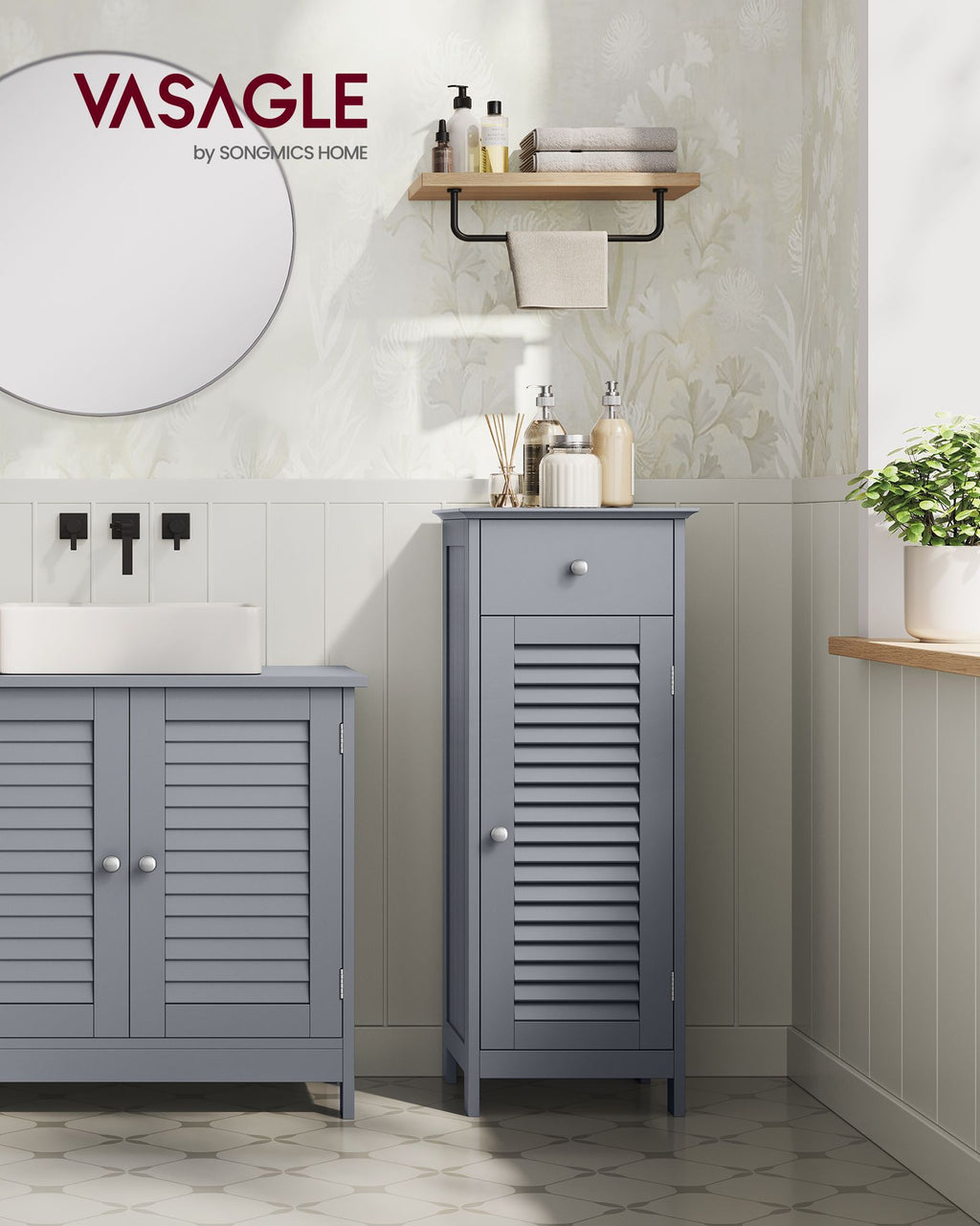 Badezimmerschrank schmal mit Schublade und Lamellentür