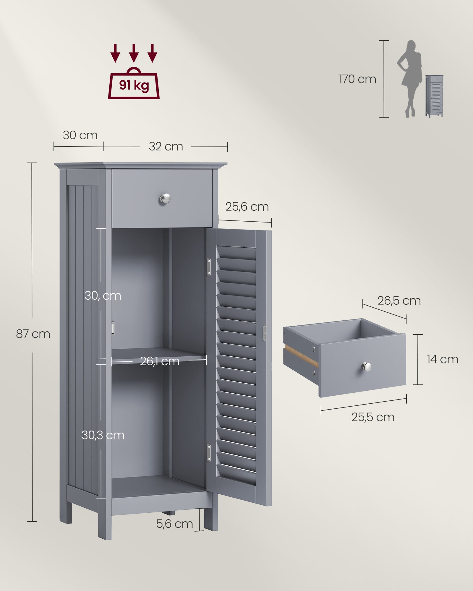 Badezimmerschrank schmal mit Schublade und Lamellentür