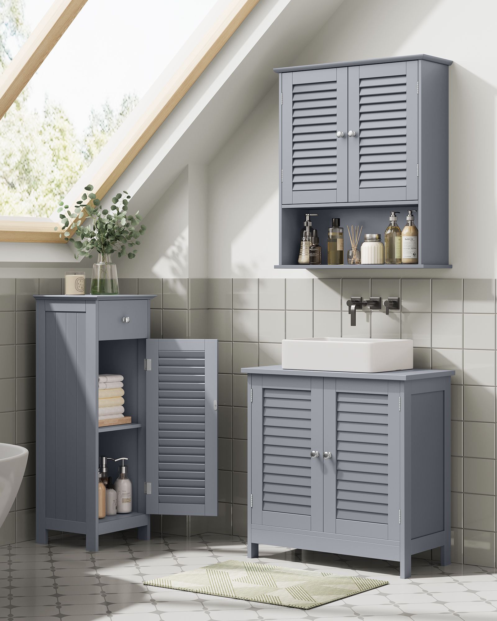 Badezimmerschrank schmal mit Schublade und Lamellentür
