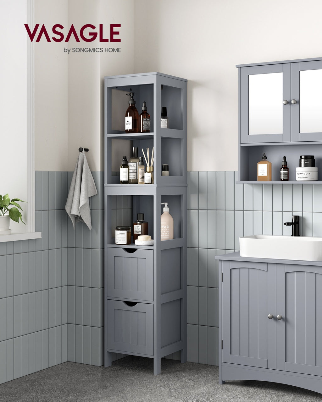 Hochschrank Badezimmer schmal stehend taubengrau