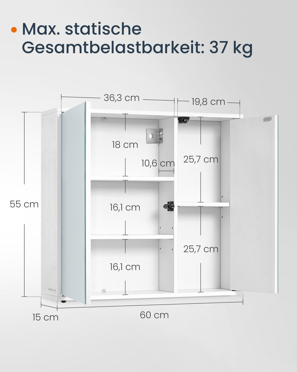 Spiegelschrank Bad werkzeuglose Montage 15 x 60 x 55 cm schneeweiß