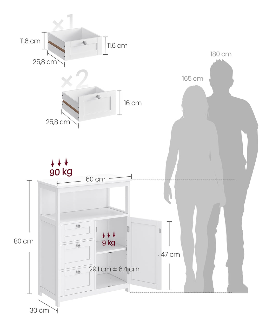 Badezimmerschrank 30 x 60 x 80 cm mit 3 Schubladen