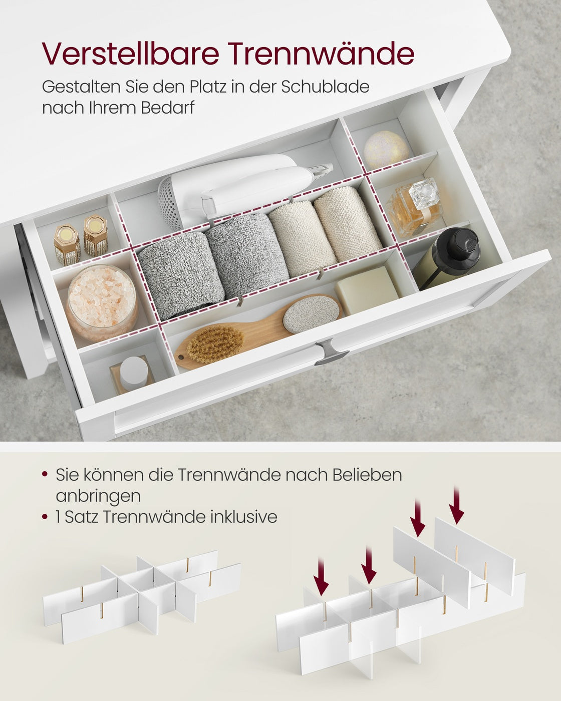 Badezimmermöbel mit verstellbaren Trennwänden wolkenweiß