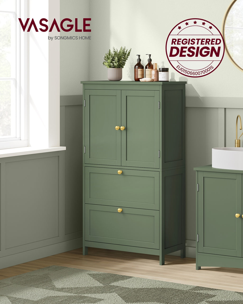 Badschrank mit 2 Türen und 2 Schubladen 30 x 60 x 110 cm waldgrün