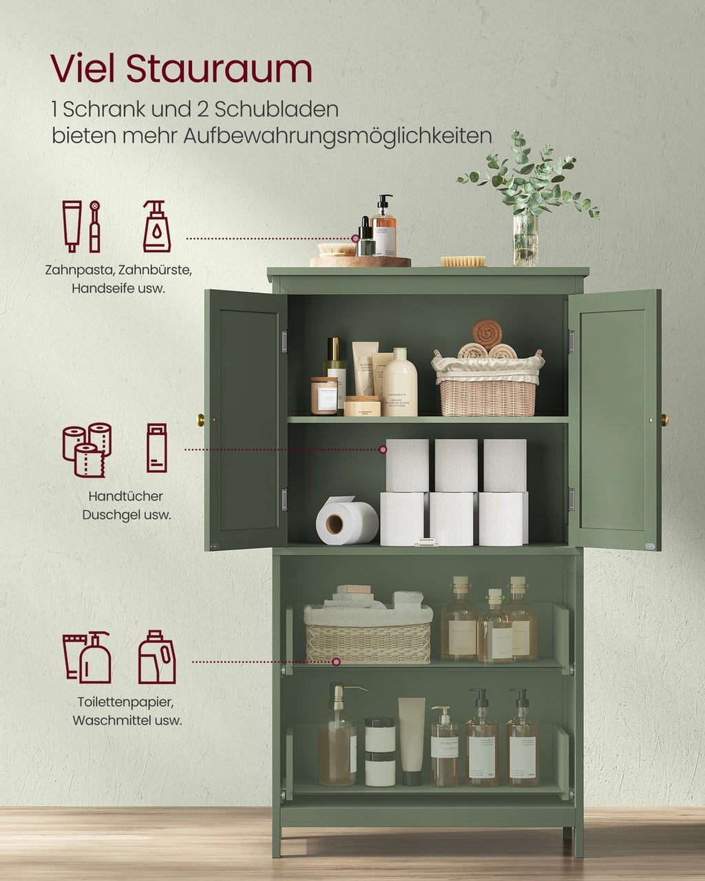 Badschrank mit 2 Türen und 2 Schubladen 30 x 60 x 110 cm waldgrün