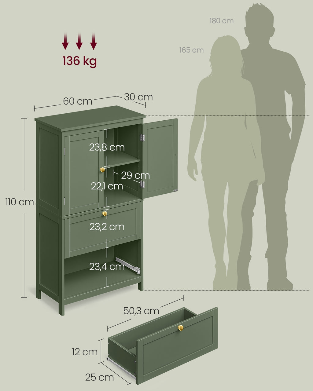 Badschrank mit 2 Türen und 2 Schubladen 30 x 60 x 110 cm waldgrün
