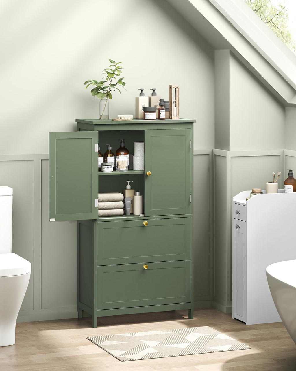 Badschrank mit 2 Türen und 2 Schubladen 30 x 60 x 110 cm waldgrün