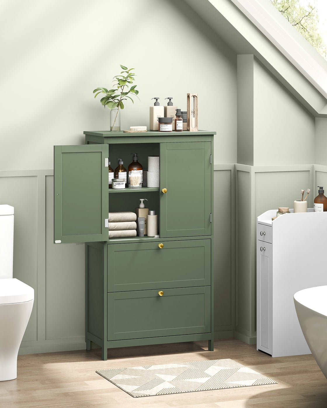 Badschrank mit 2 Türen und 2 Schubladen 30 x 60 x 110 cm waldgrün