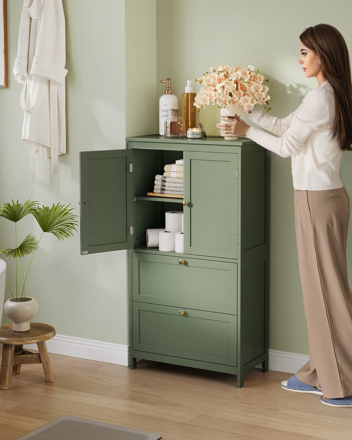 Badschrank mit 2 Türen und 2 Schubladen 30 x 60 x 110 cm waldgrün