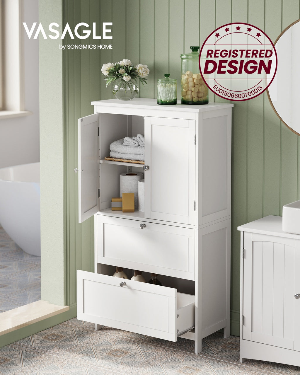 Badezimmerschrank 30 x 60 x 110 cm mit 2 Türen und 2 Schubladen