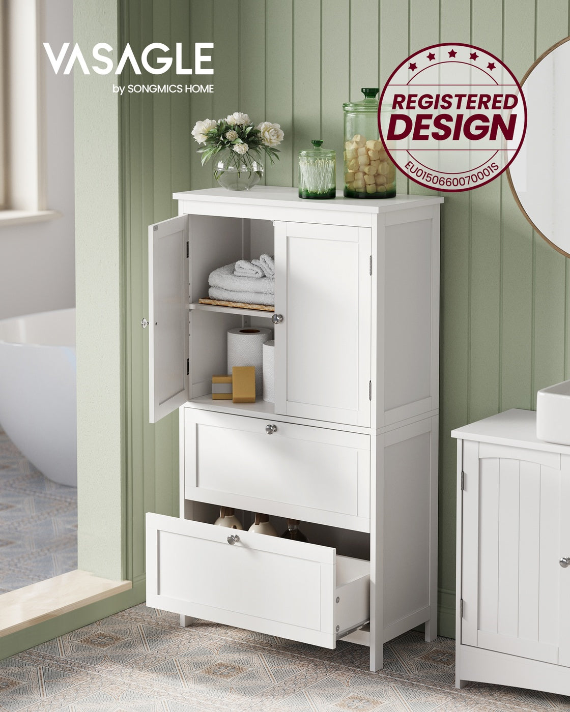 Badezimmerschrank 30 x 60 x 110 cm mit 2 Türen und 2 Schubladen