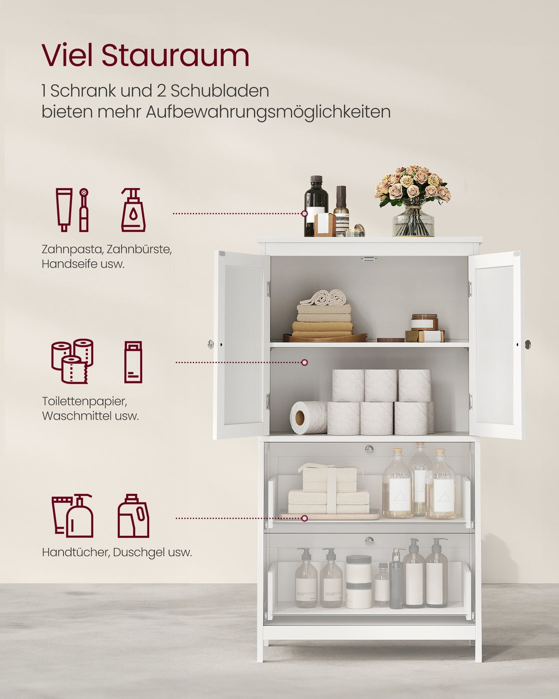 Badezimmerschrank 30 x 60 x 110 cm mit 2 Türen und 2 Schubladen