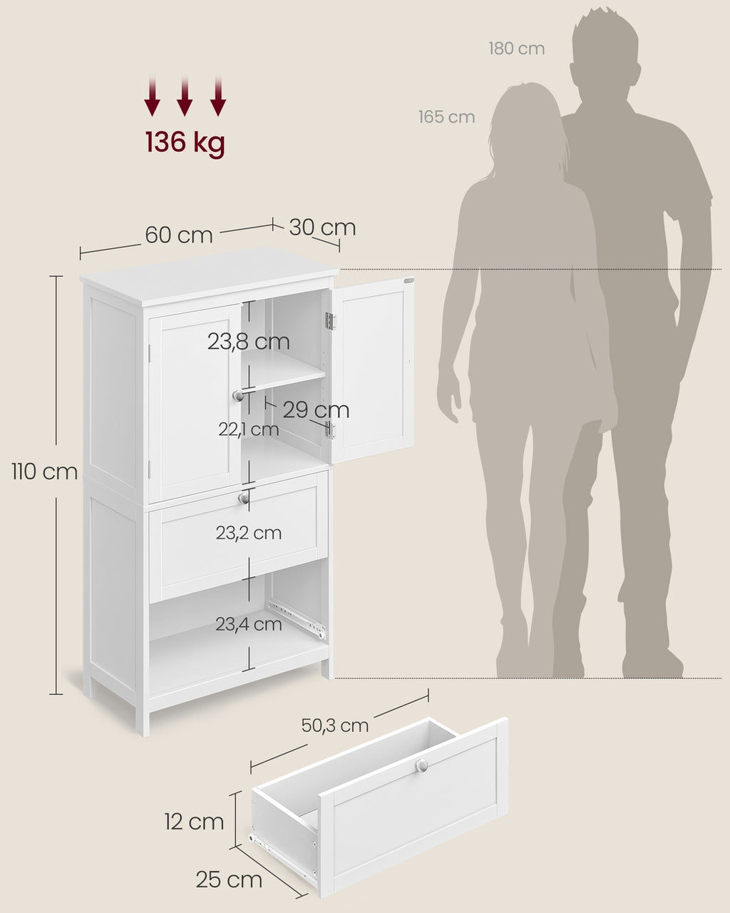 Badezimmerschrank 30 x 60 x 110 cm mit 2 Türen und 2 Schubladen