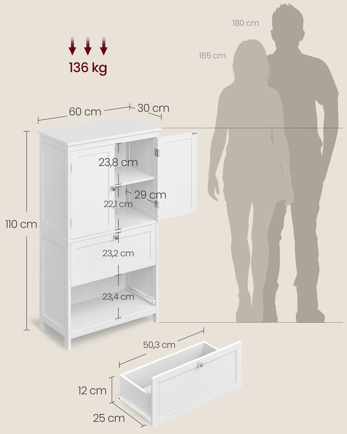 Badezimmerschrank 30 x 60 x 110 cm mit 2 Türen und 2 Schubladen