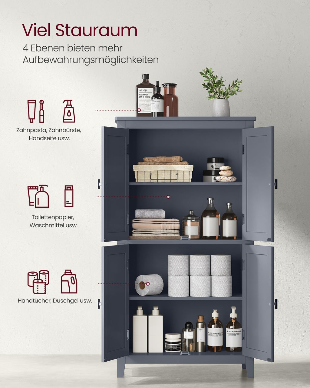 Badezimmerschrank mit 4 Türen und verstellbaren Ablagen