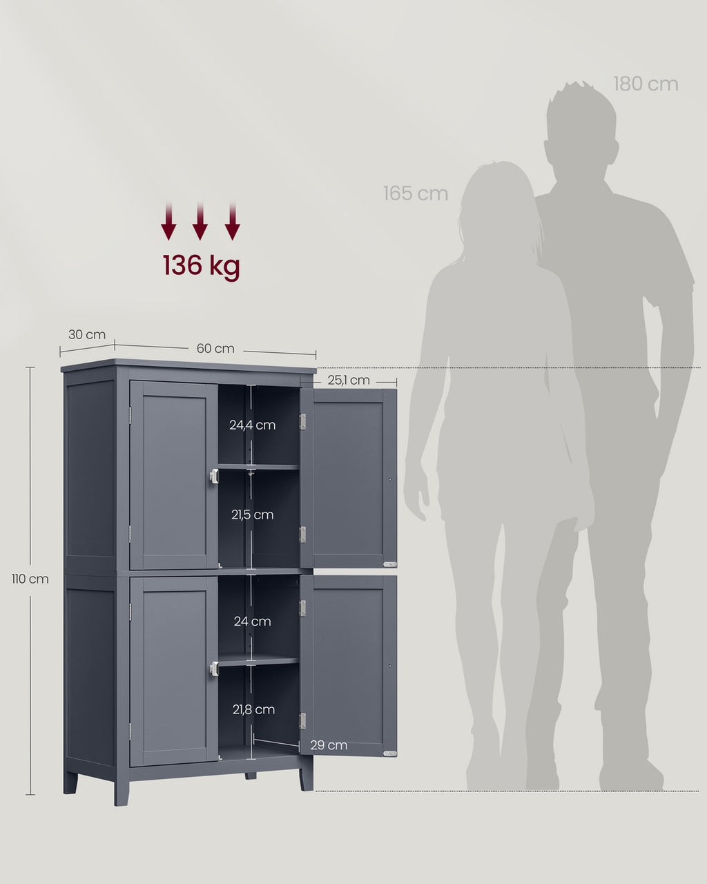 Badezimmerschrank mit 4 Türen und verstellbaren Ablagen