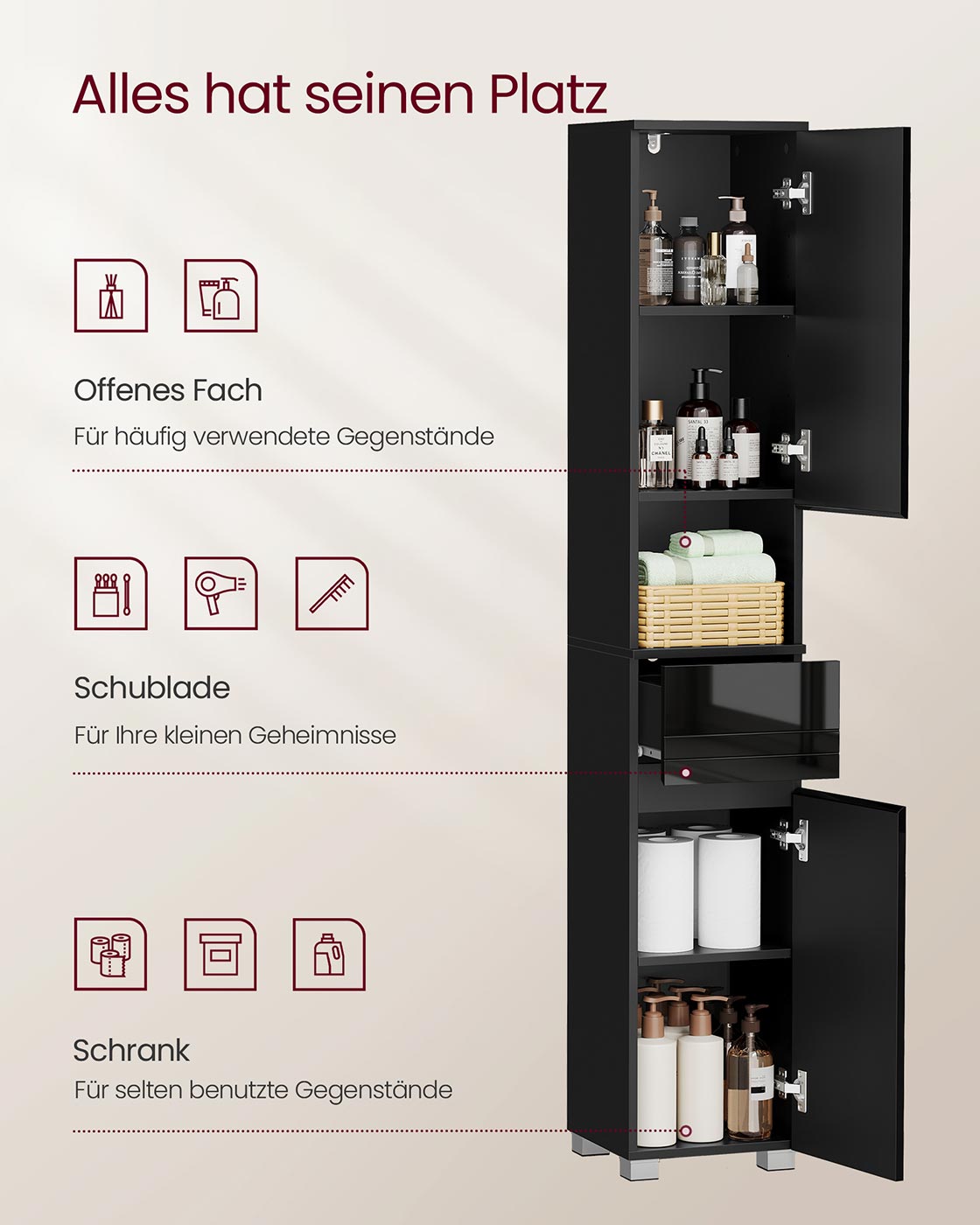 Schmaler Hochschrank mit Glastür und Füßen Tintenschwarz
