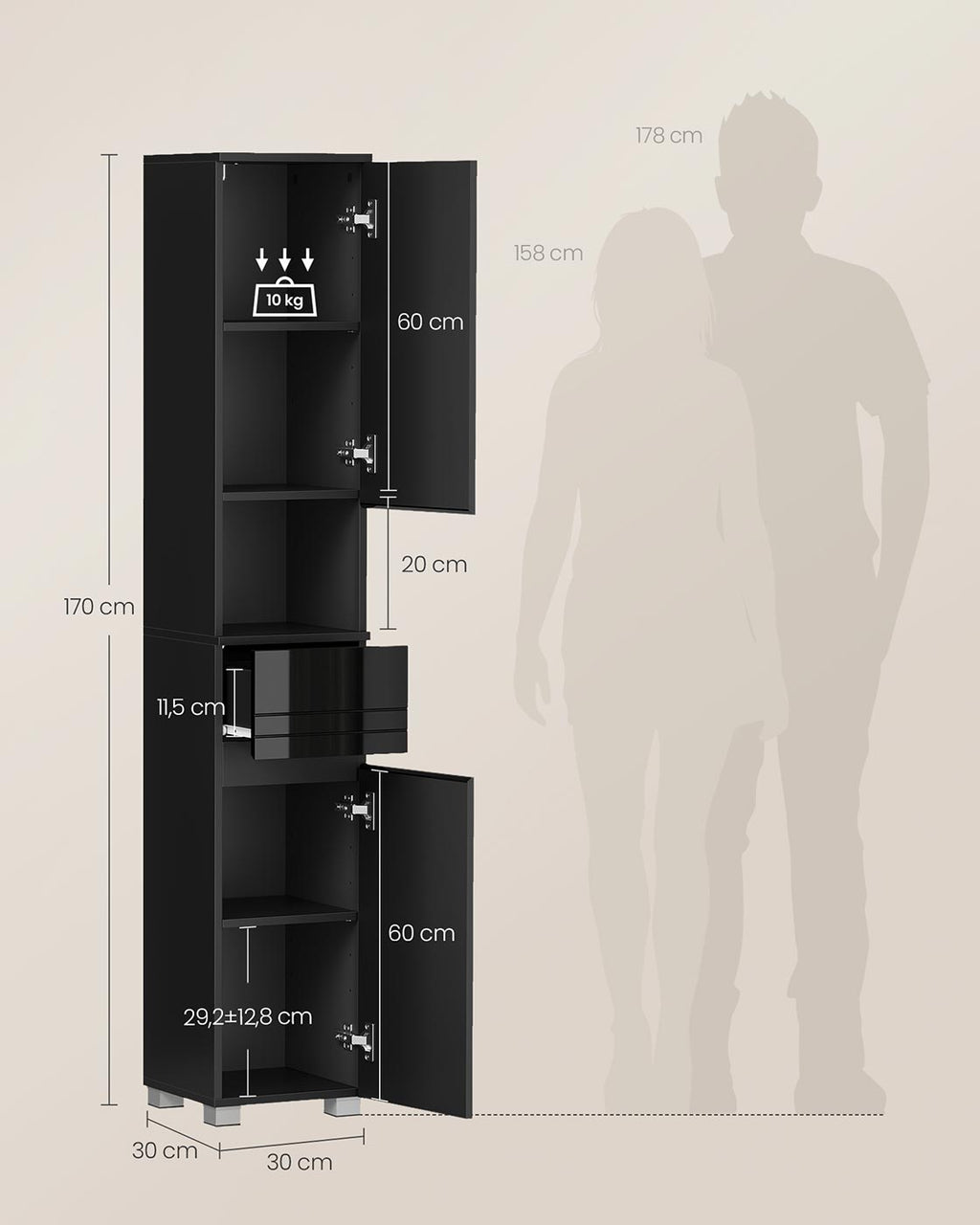 Schmaler Hochschrank mit Glastür und Füßen Tintenschwarz