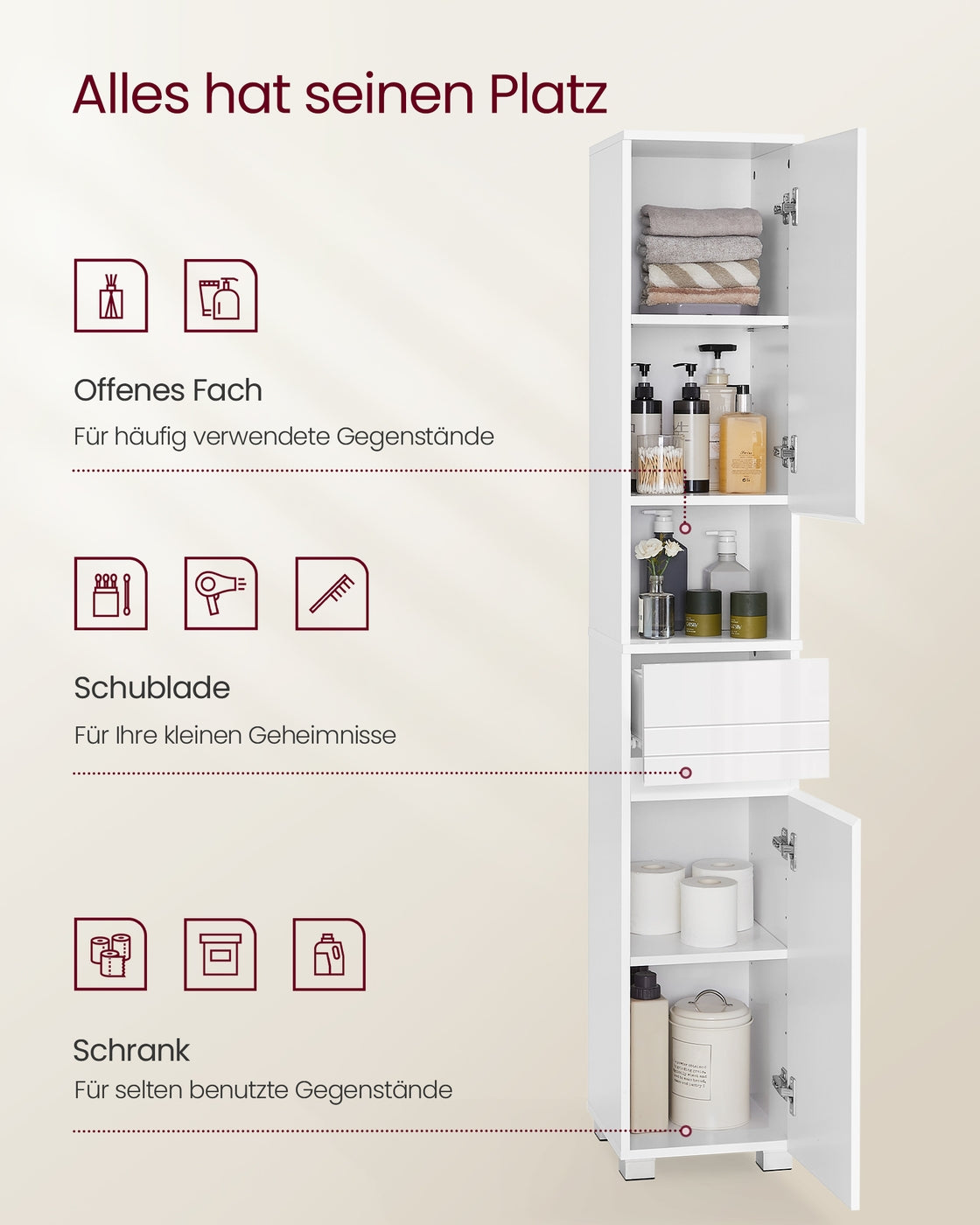 Badezimmerschrank 30 x 30 x 170 cm mit verstellbaren Ablagen