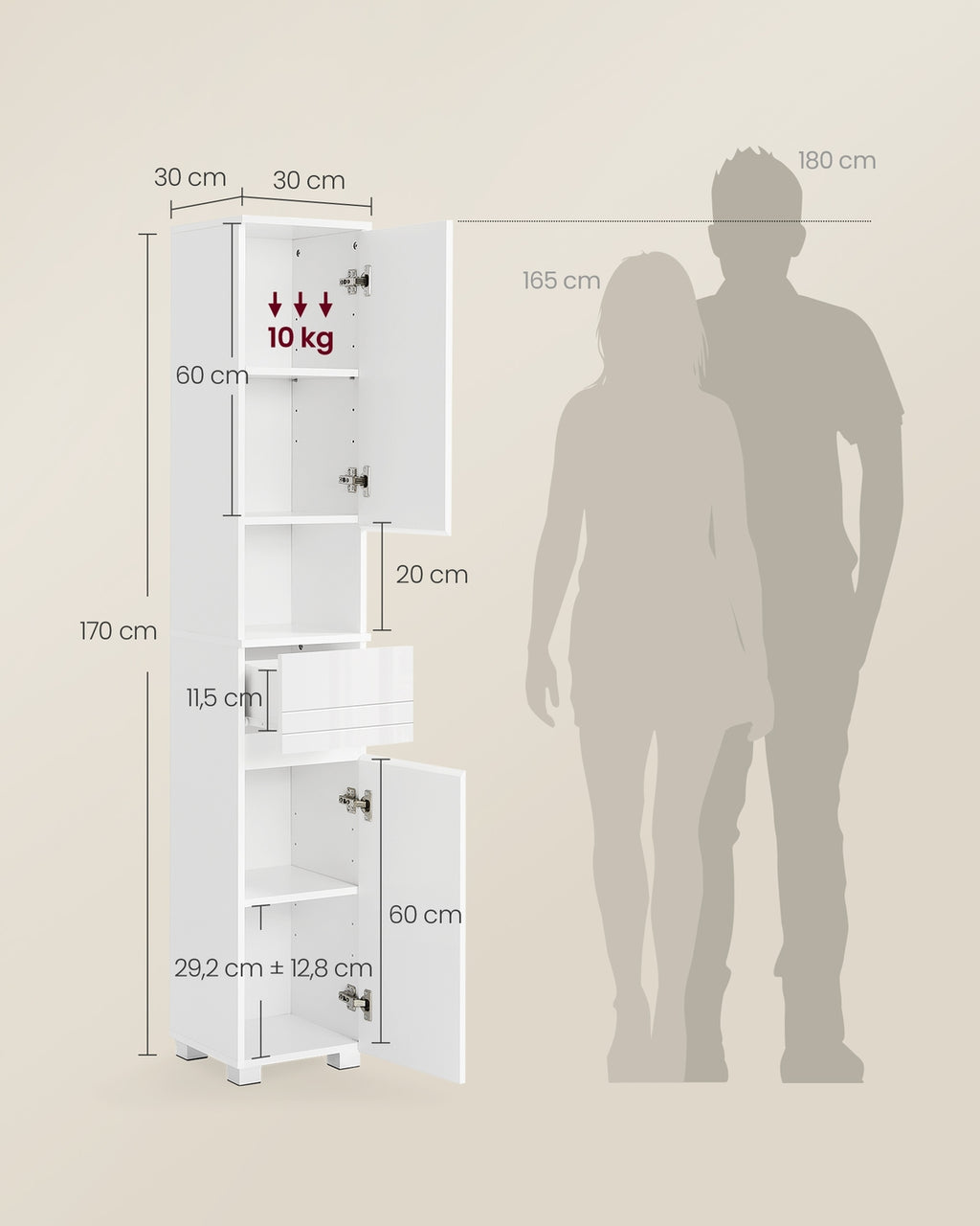 Badezimmerschrank 30 x 30 x 170 cm mit verstellbaren Ablagen