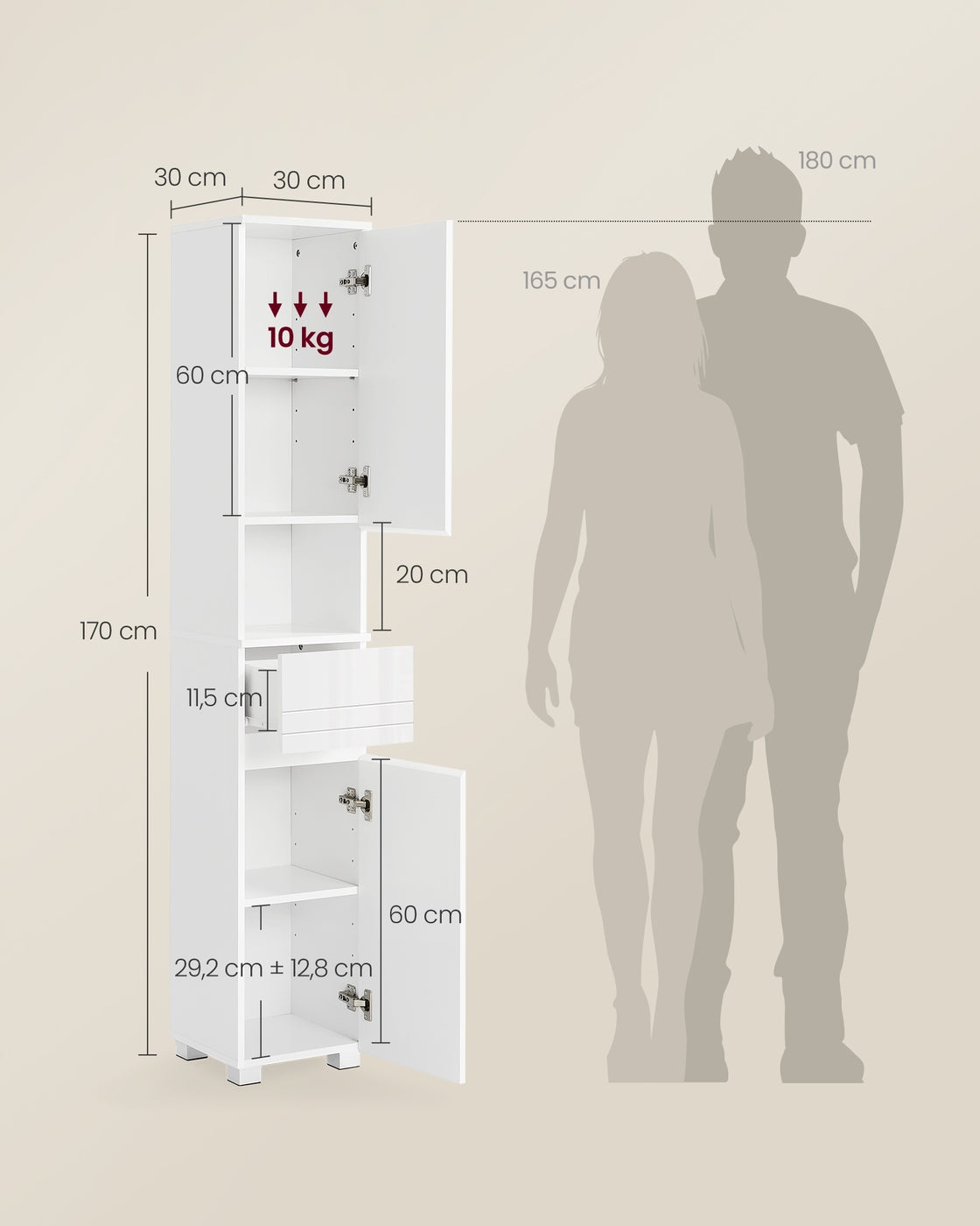 Badezimmerschrank 30 x 30 x 170 cm mit verstellbaren Ablagen