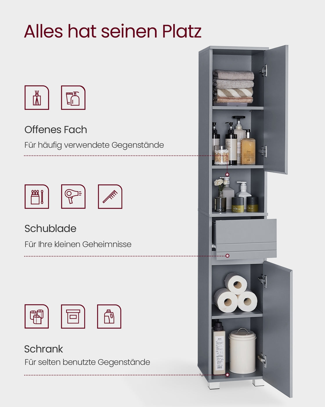 Badezimmerschrank 30 x 30 x 170 cm mystisches Grau