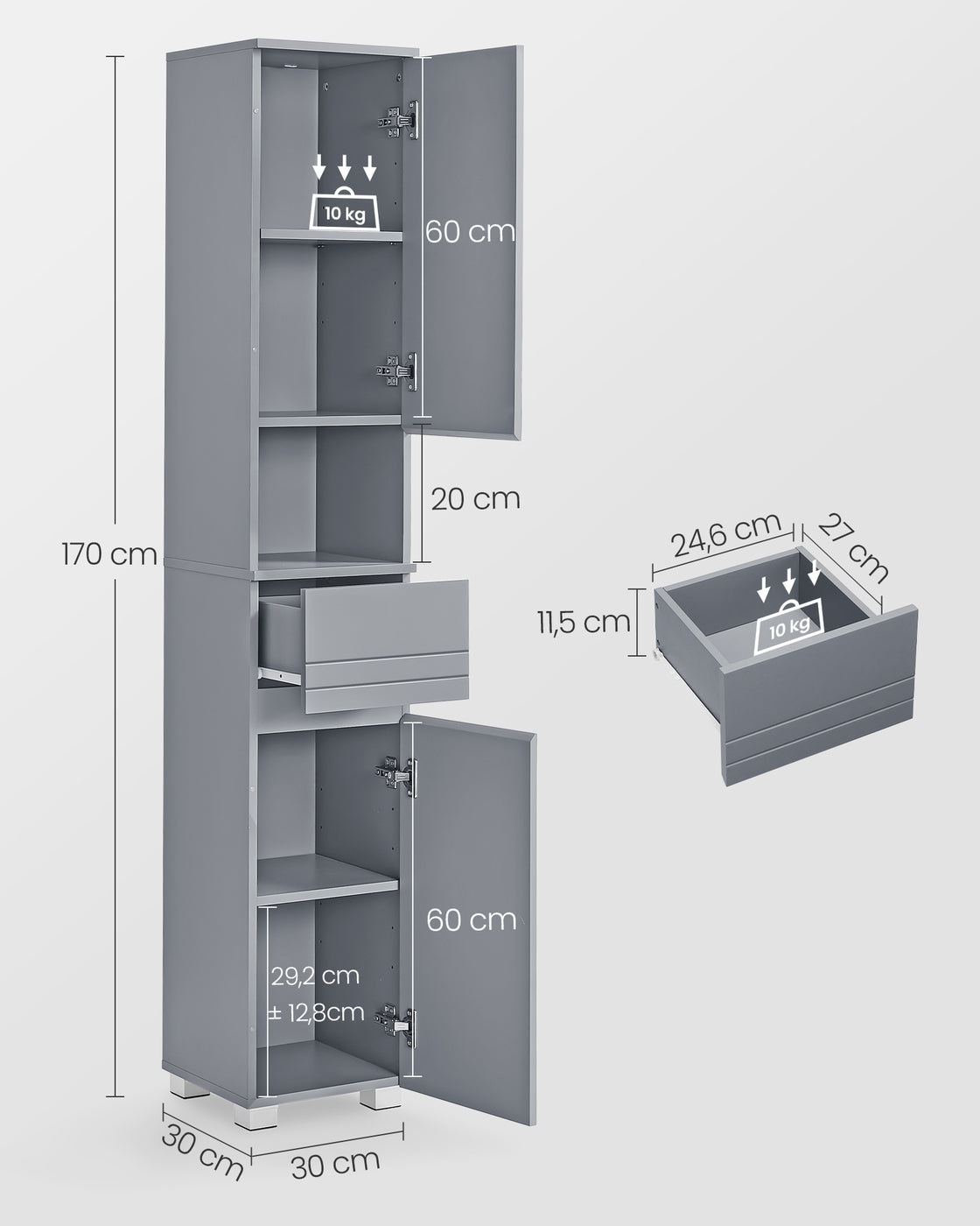 Badezimmerschrank 30 x 30 x 170 cm mystisches Grau