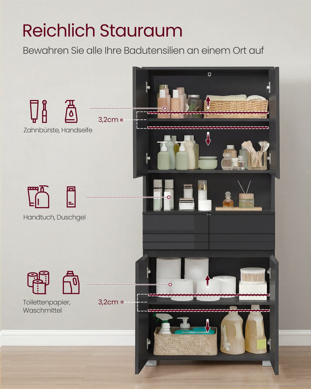 Badezimmerschrank Badschrank 2 Schubladen 30 × 60 × 170 cm tintenschwarz