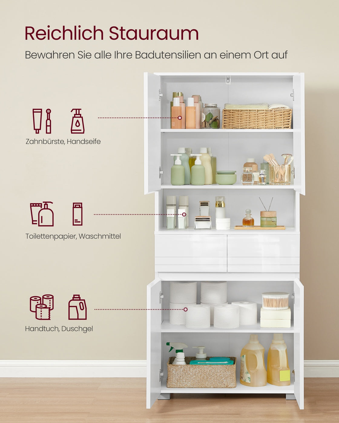 Schmaler Hochschrank mit Glastür und Füßen wolkenweiß