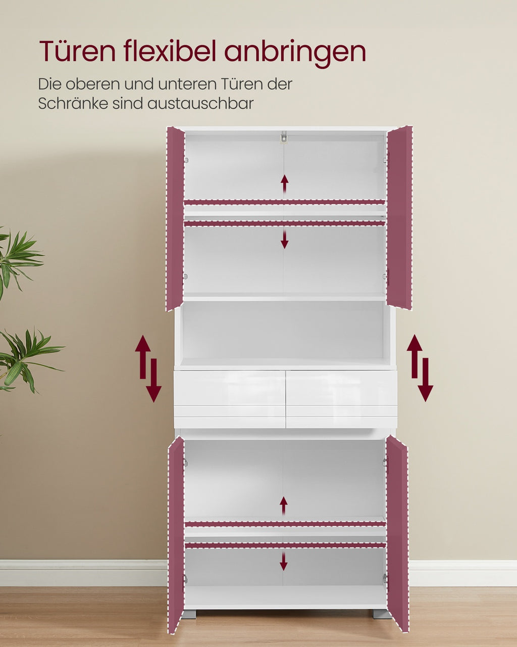 Schmaler Hochschrank mit Glastür und Füßen wolkenweiß