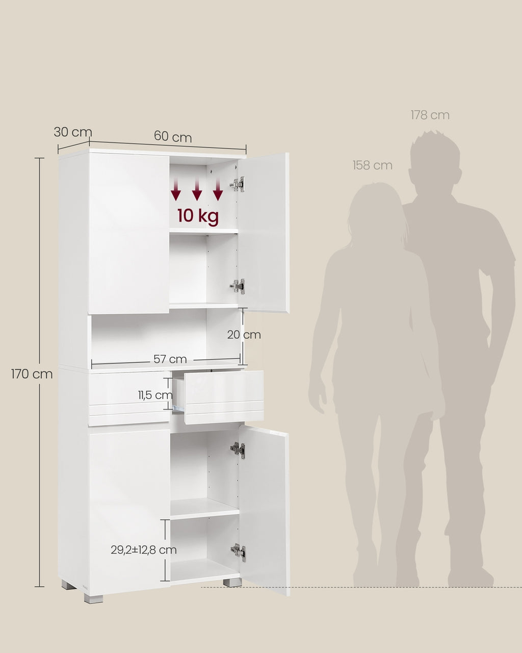 Schmaler Hochschrank mit Glastür und Füßen wolkenweiß