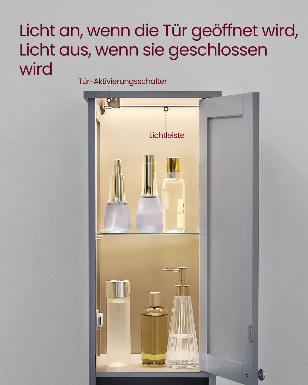 Badezimmerschrank mit Beleuchtung und verstellbaren Ablagen taubengrau