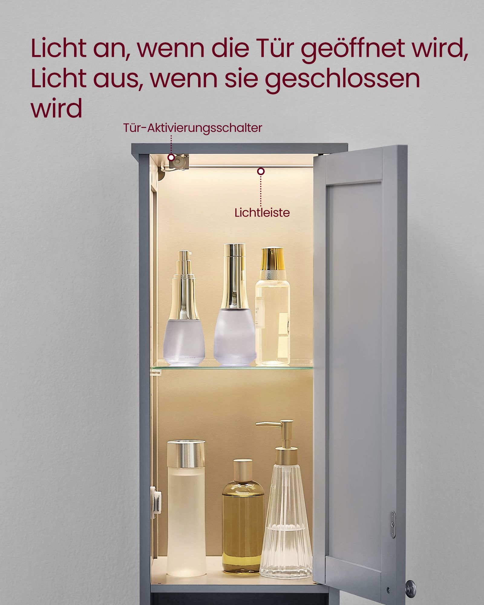 Badezimmerschrank mit Beleuchtung und verstellbaren Ablagen taubengrau