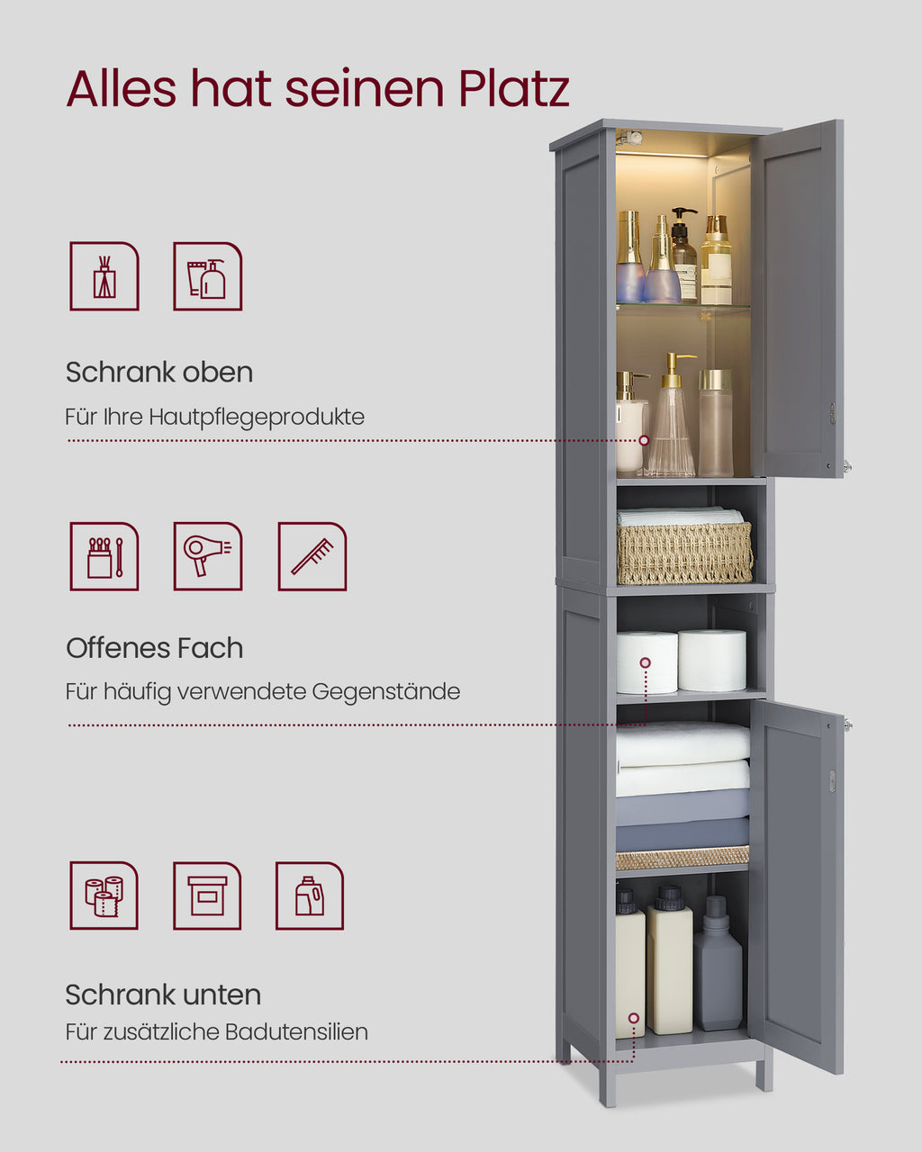 Badezimmerschrank mit Beleuchtung und verstellbaren Ablagen taubengrau