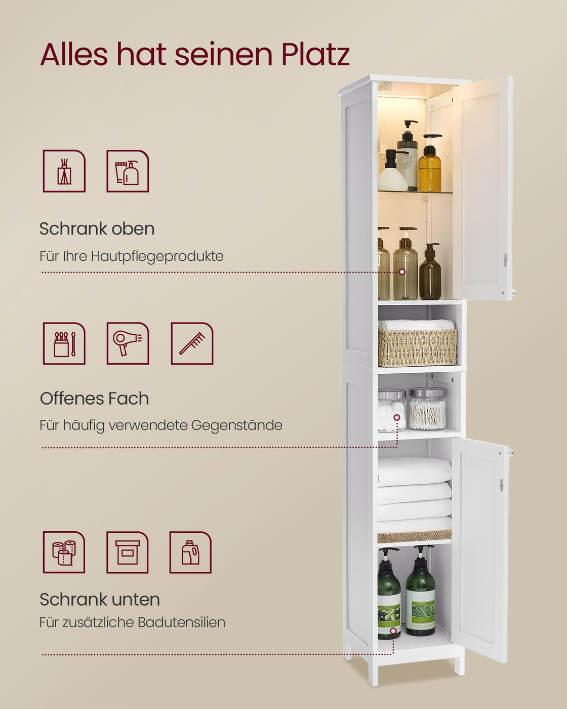 Badezimmerschrank mit Beleuchtung und verstellbaren Ablagen wolkenweiß