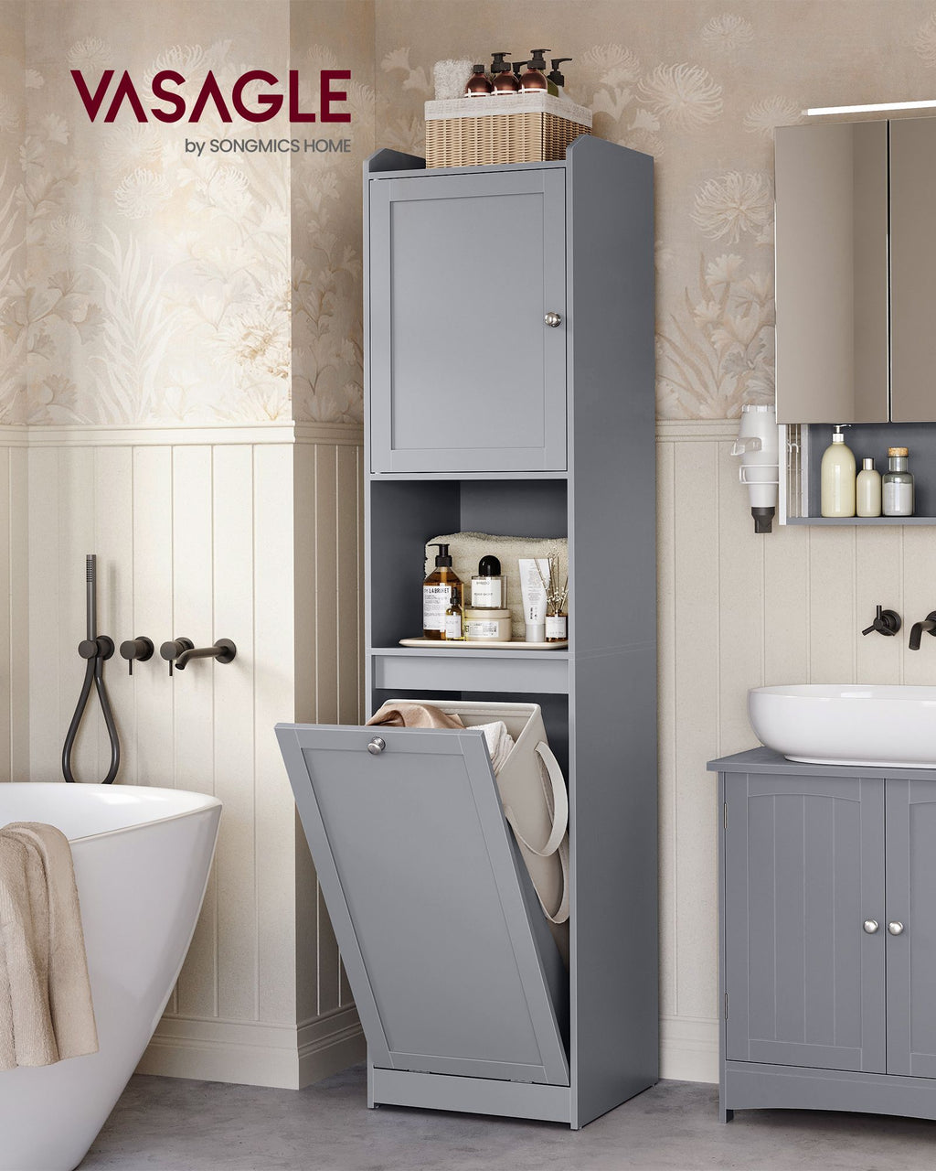 Badezimmerschrank mit Wäschekorb und Griffen taubengrau