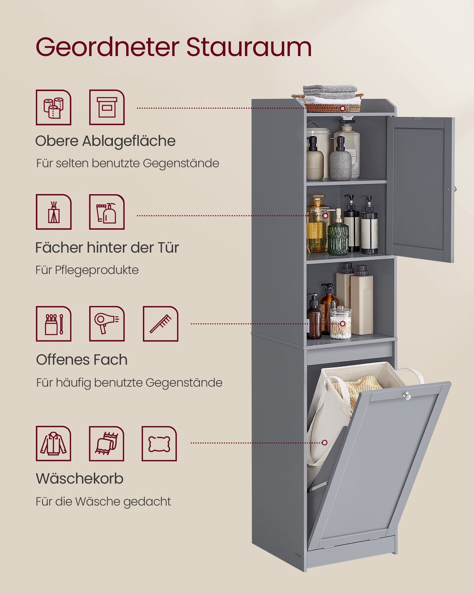 Badezimmerschrank mit Wäschekorb und Griffen taubengrau