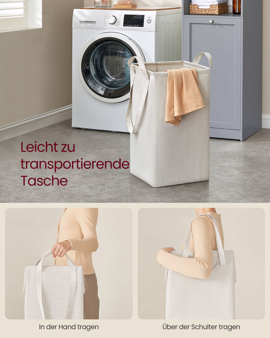 Badezimmerschrank mit Wäschekorb und Griffen taubengrau