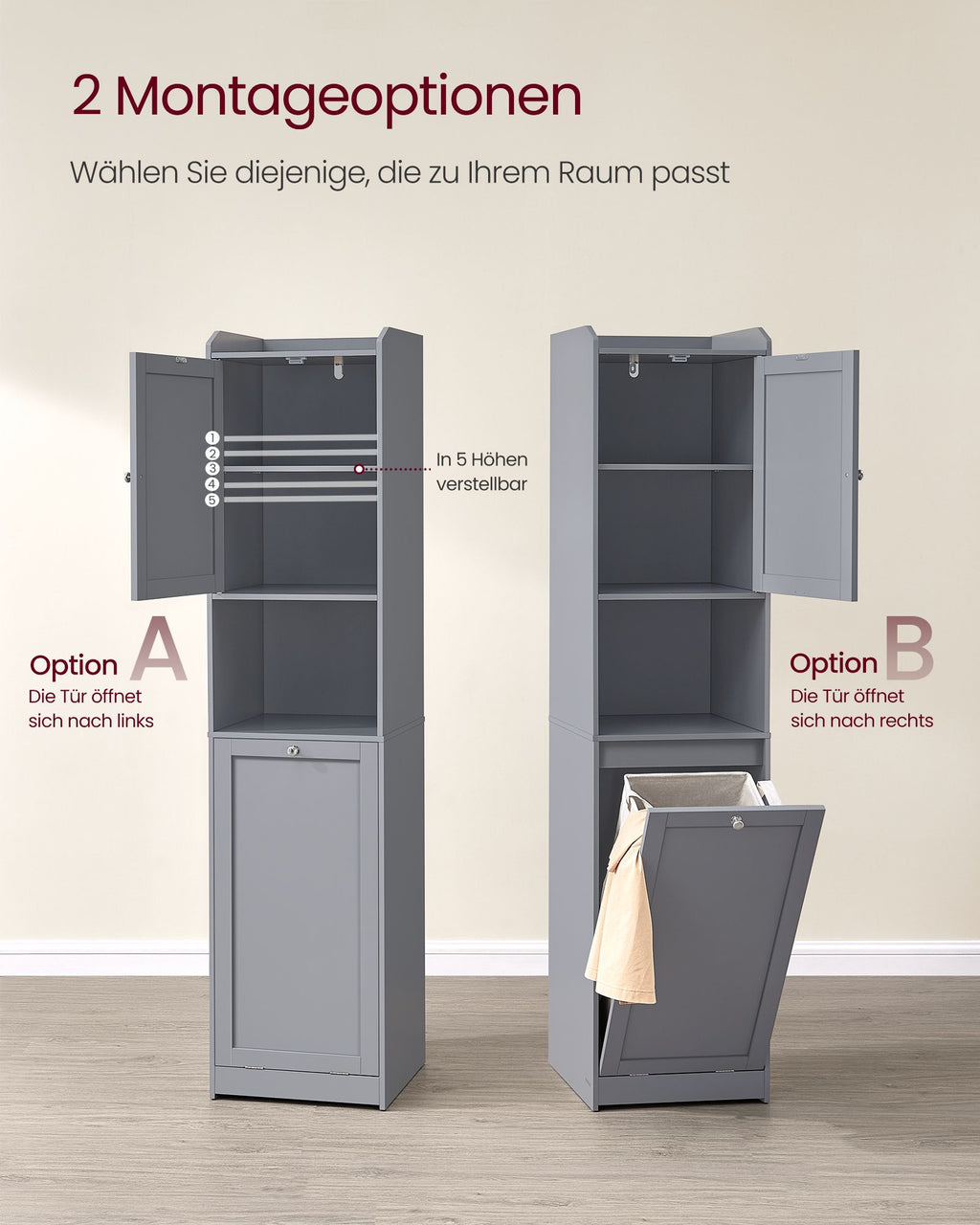 Badezimmerschrank mit Wäschekorb und Griffen taubengrau