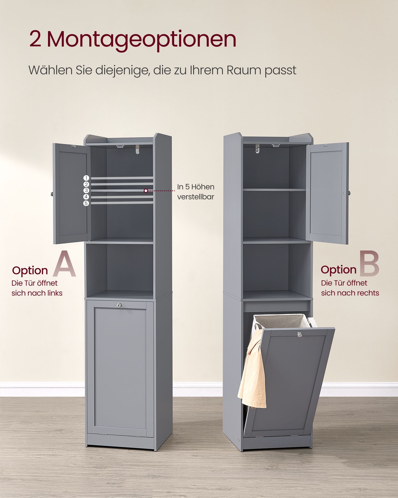 Badezimmerschrank mit Wäschekorb und Griffen taubengrau