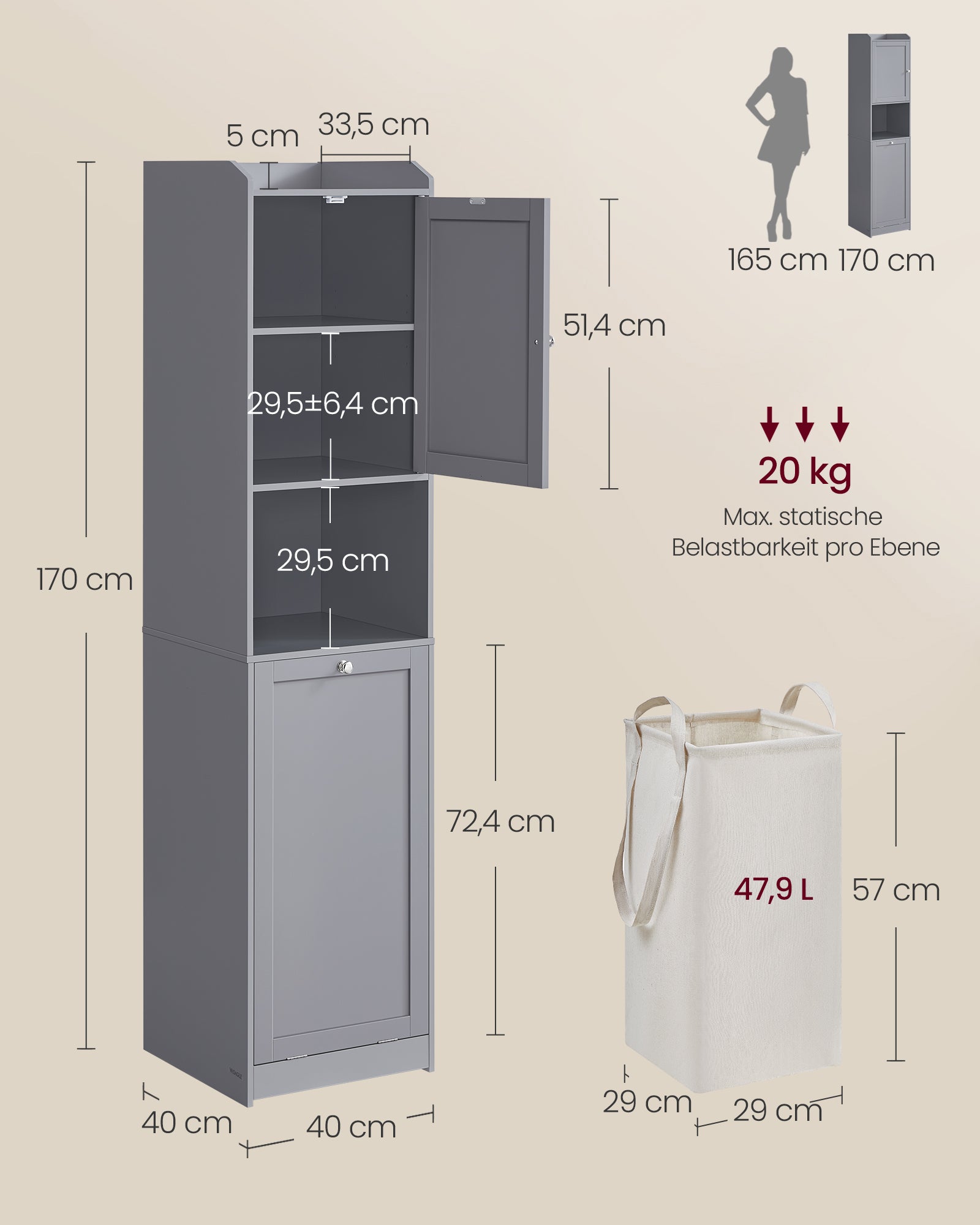 Badezimmerschrank mit Wäschekorb und Griffen taubengrau