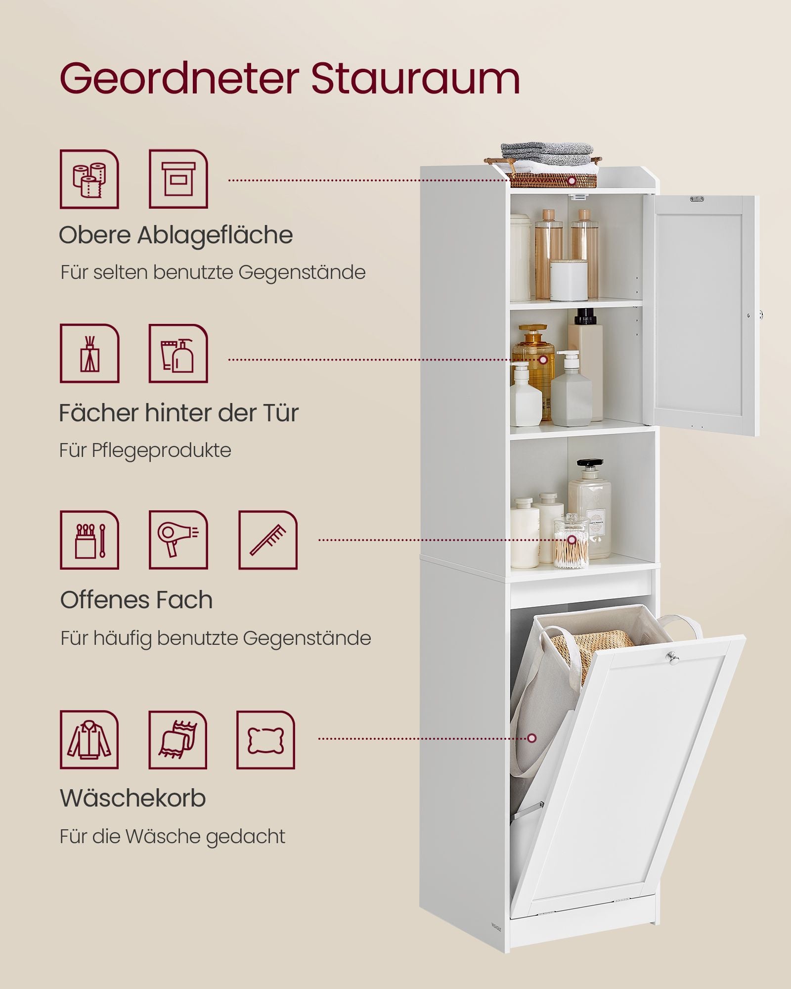 Badezimmerschrank mit Wäschekorb 40 x 40 x 170 cm