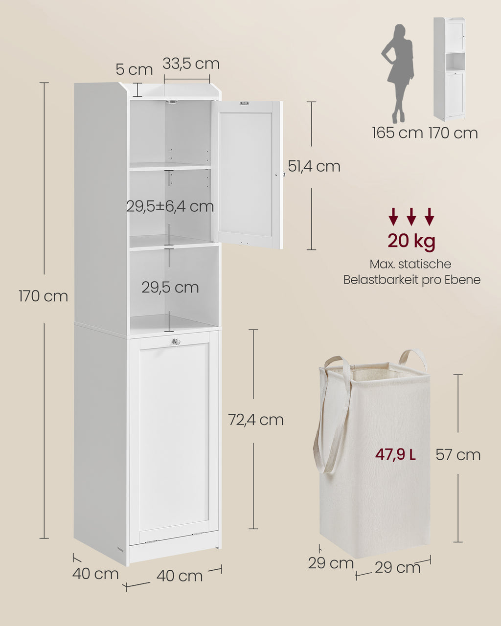 Badezimmerschrank mit Wäschekorb 40 x 40 x 170 cm