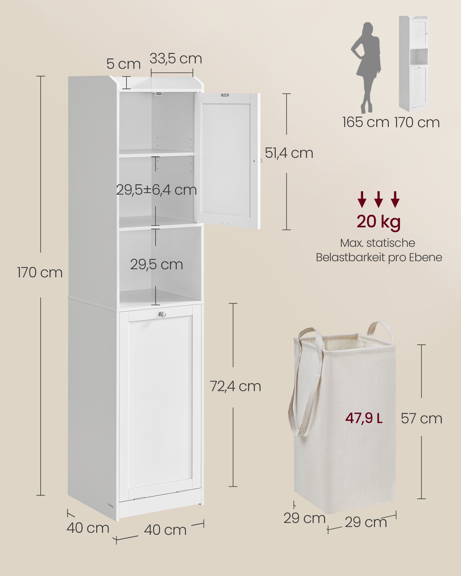 Badezimmerschrank mit Wäschekorb 40 x 40 x 170 cm