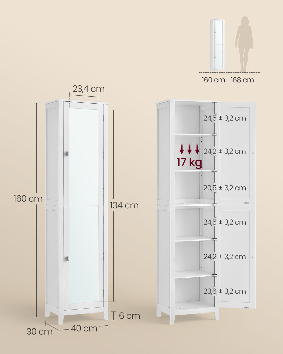 Badezimmerschrank mit Ganzkörperspiegel 30 x 40 x 160 cm wolkenweiß