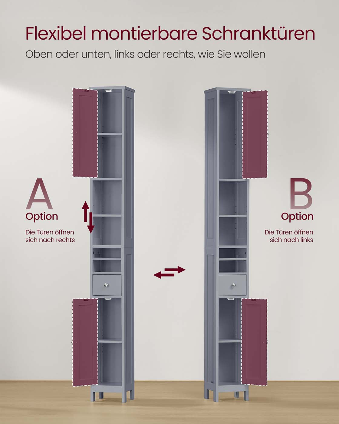 Badschrank mit verstellbaren Ablagen und offenen